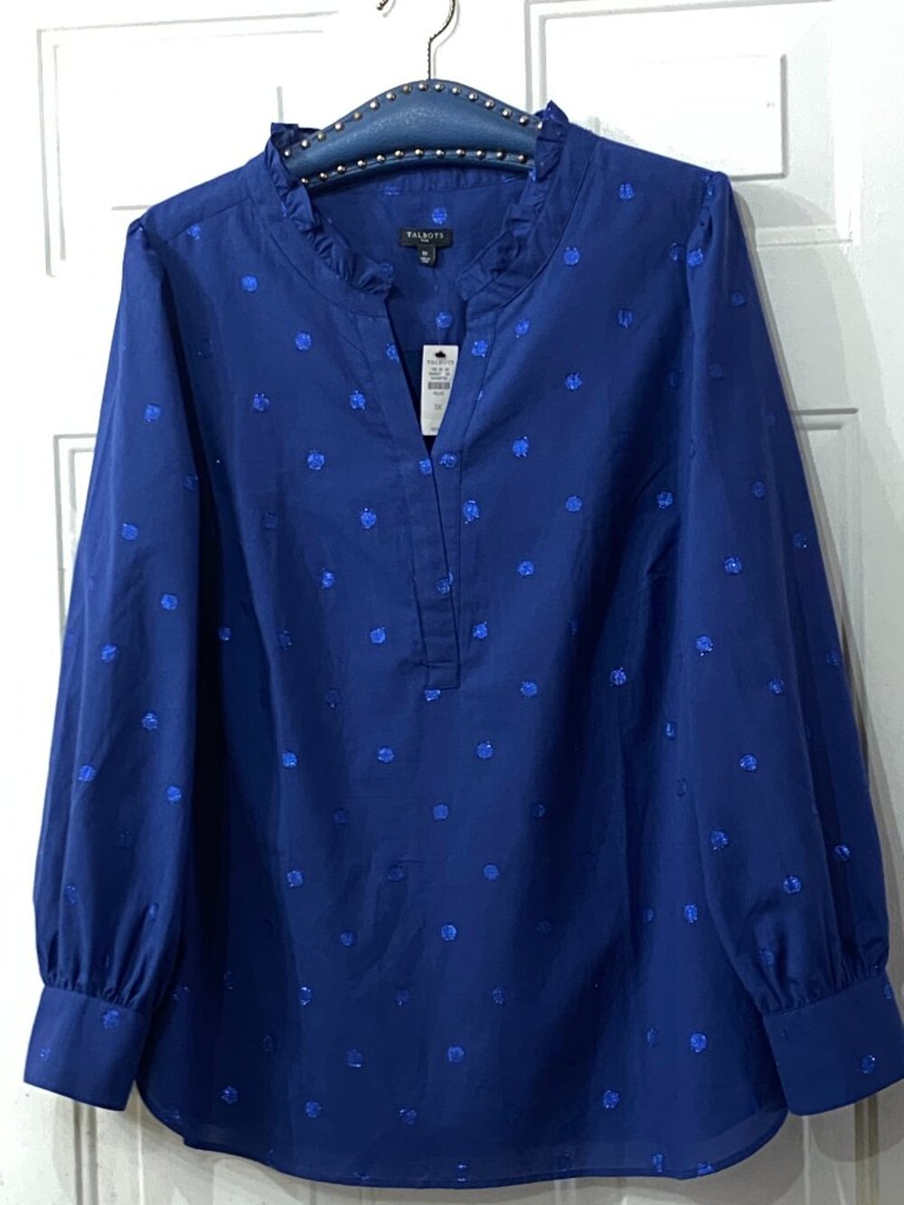 NWT Talbots Sz 1X Blouse Popover Long Sleeve Navy Blue Shiny Dot Cotton